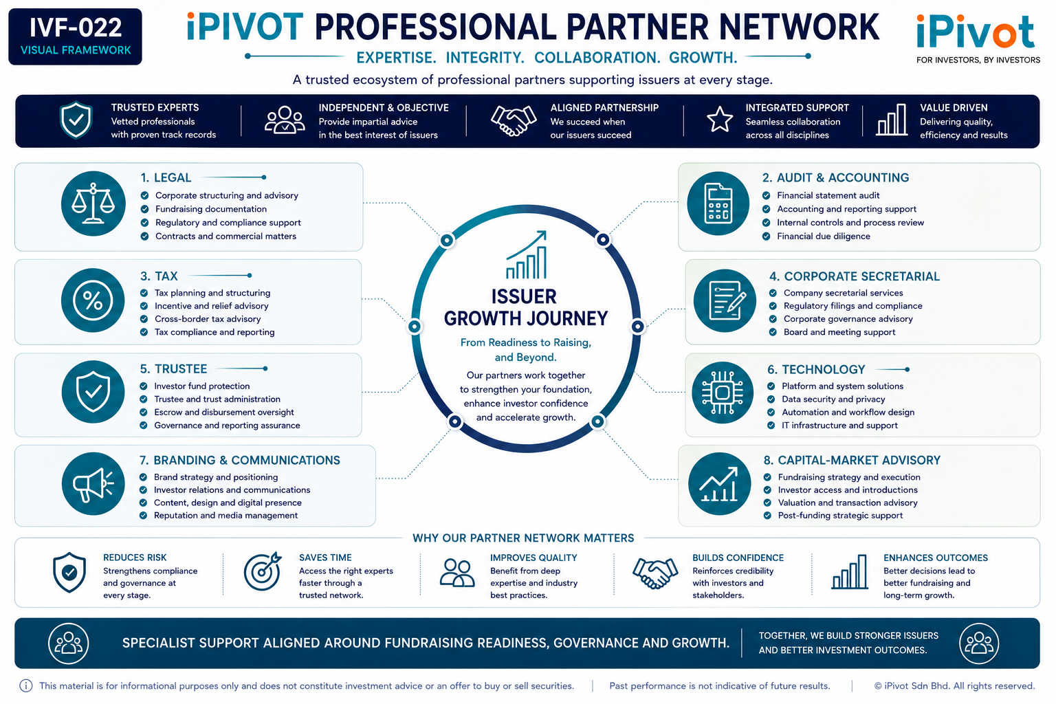 iPivot professional partner network infographic showing legal, audit, tax, technology and capital-market advisory support.